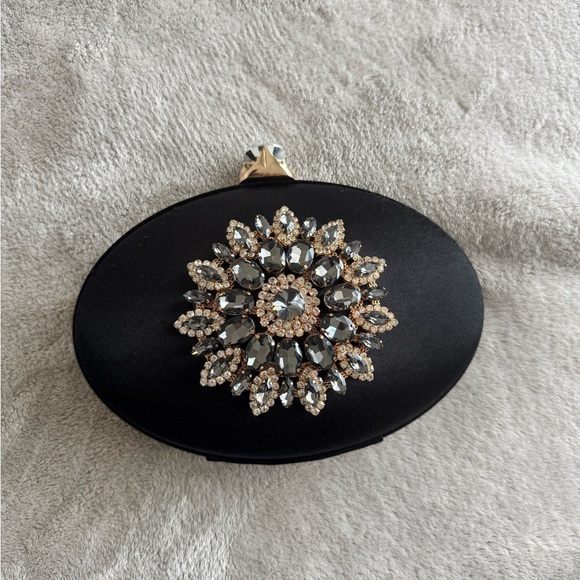 Handbags - Black Clutch with Crystal Embellishment